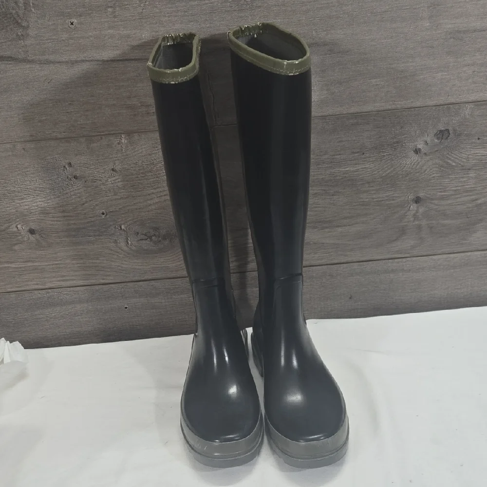 Tory Burch Black/Gray Rain Boots with Logo Sz 9